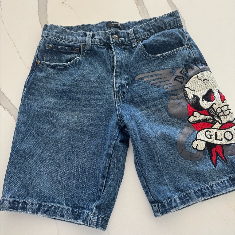 Ed Hardy Blue Jean Shorts with Skull Graphic